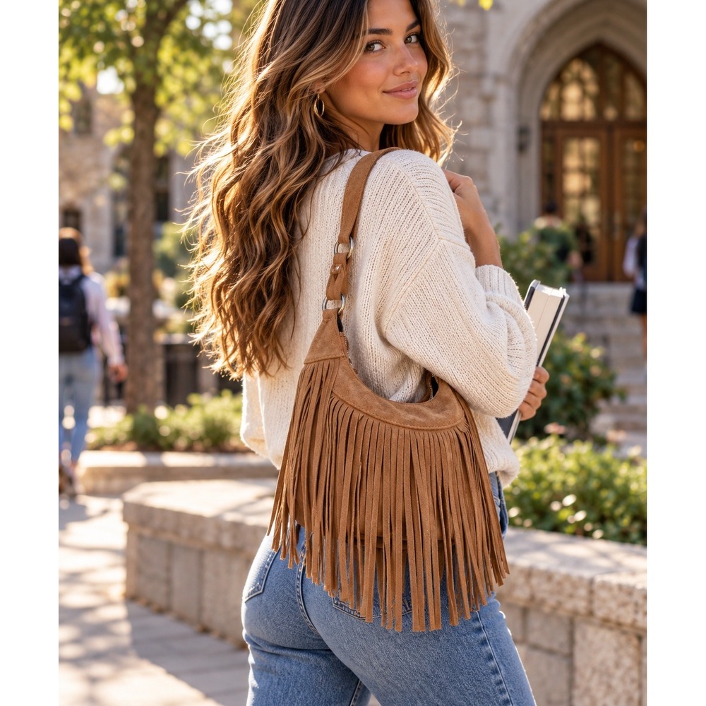 Western Country Cowgirl Rodeo Fringe Crossbody Bag Suede Look Brown Boho Tassel